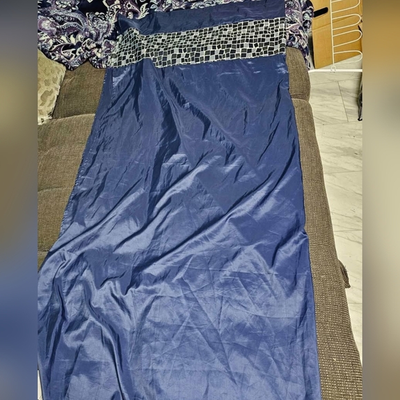 Navy Blue Metallic Shower Curtain with Geometric Stripe Accent - Picture 1 of 2